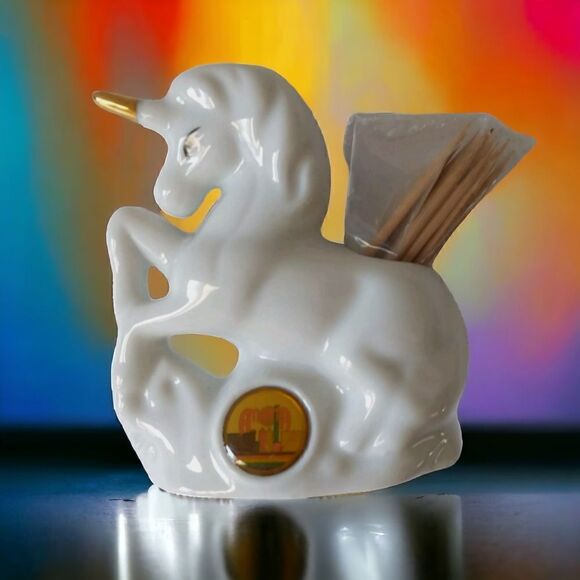 Vtg Atlanta GA Unicorn Toothpick Holder State Souvenir Ceramic Horse White Gold. - Picture 15 of 16